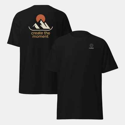 model wearing create the moment mountain t-shirt (black) by creatpix