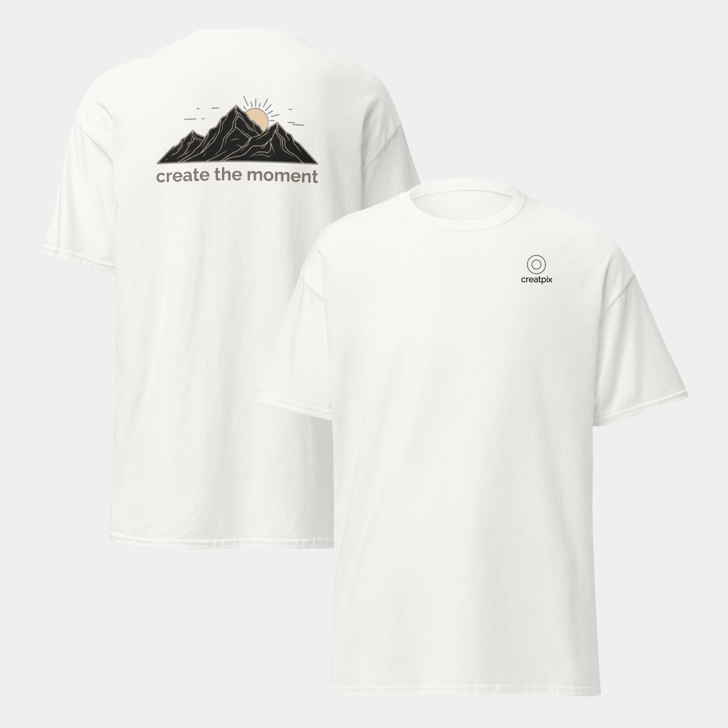 front and back views of the creatpix “create the moment” t-shirt featuring a nature-inspired mountain sunrise design