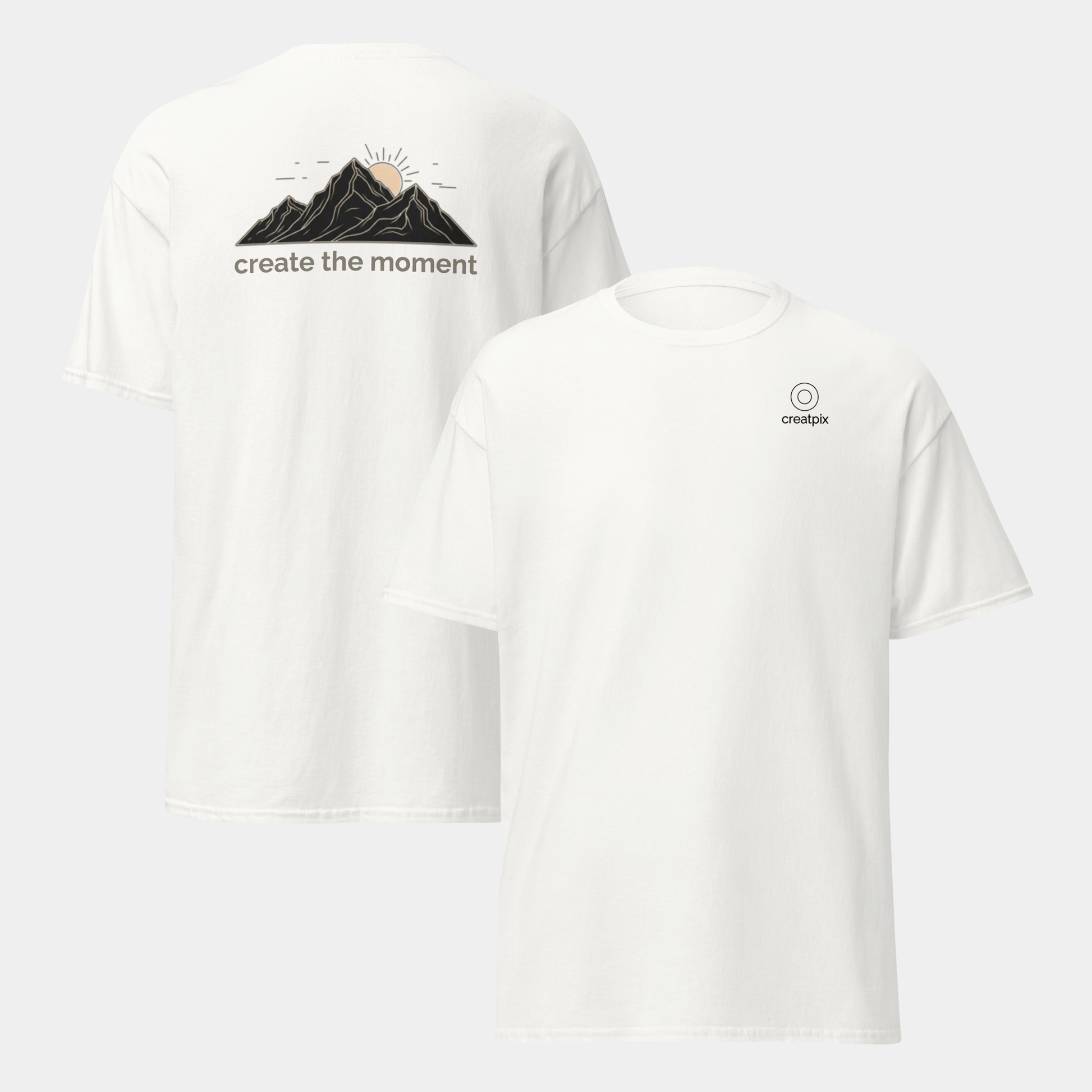 front and back views of the creatpix “create the moment” t-shirt featuring a nature-inspired mountain sunrise design