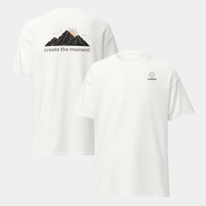 front and back views of the creatpix “create the moment” t-shirt featuring a nature-inspired mountain sunrise design