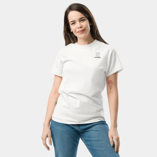 front view of the creatpix “create the moment” t-shirt showing the clean unisex fit and minimalist design