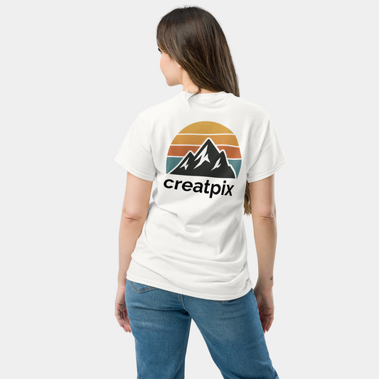 model wearing retro logo mountain t-shirt (white) by creatpix