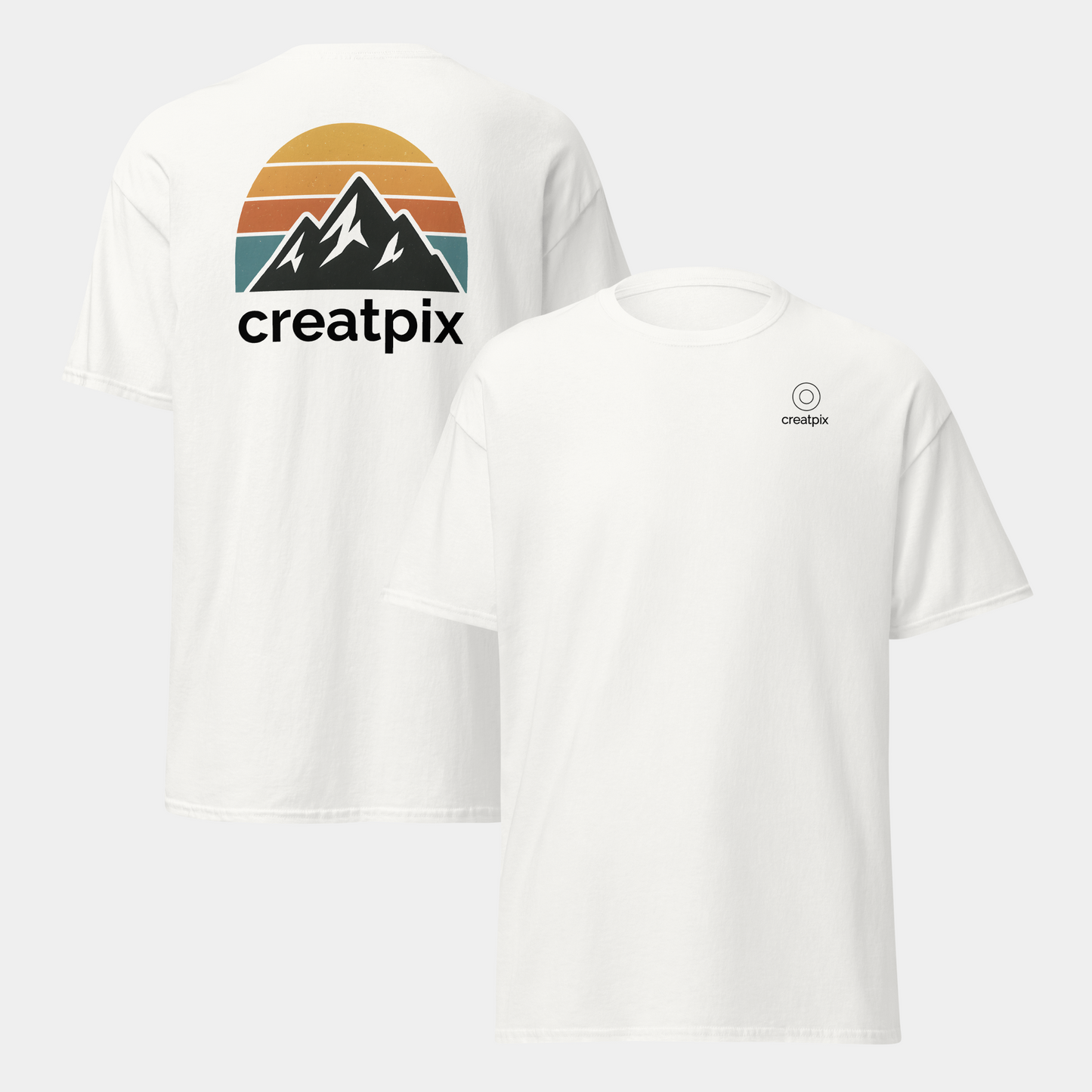 model wearing retro logo mountain t-shirt (white) by creatpix