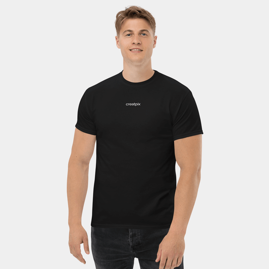 Front view of black Creatpix t-shirt with small creatpix wordmark on the chest.