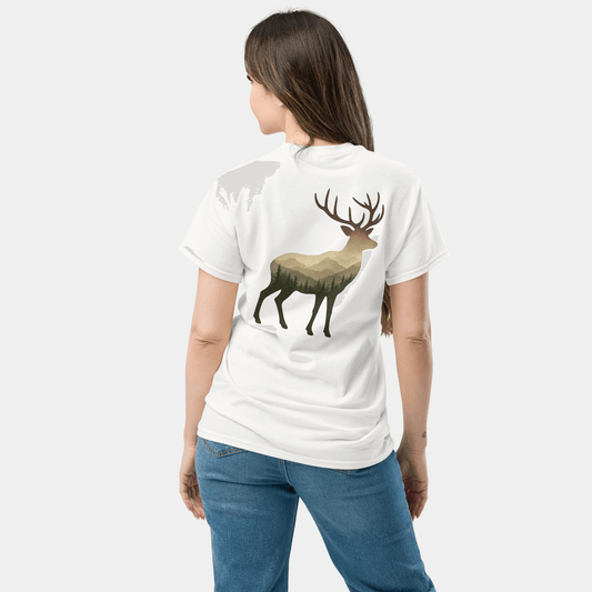 model wearing mountain deer t-shirt (white) by creatpix