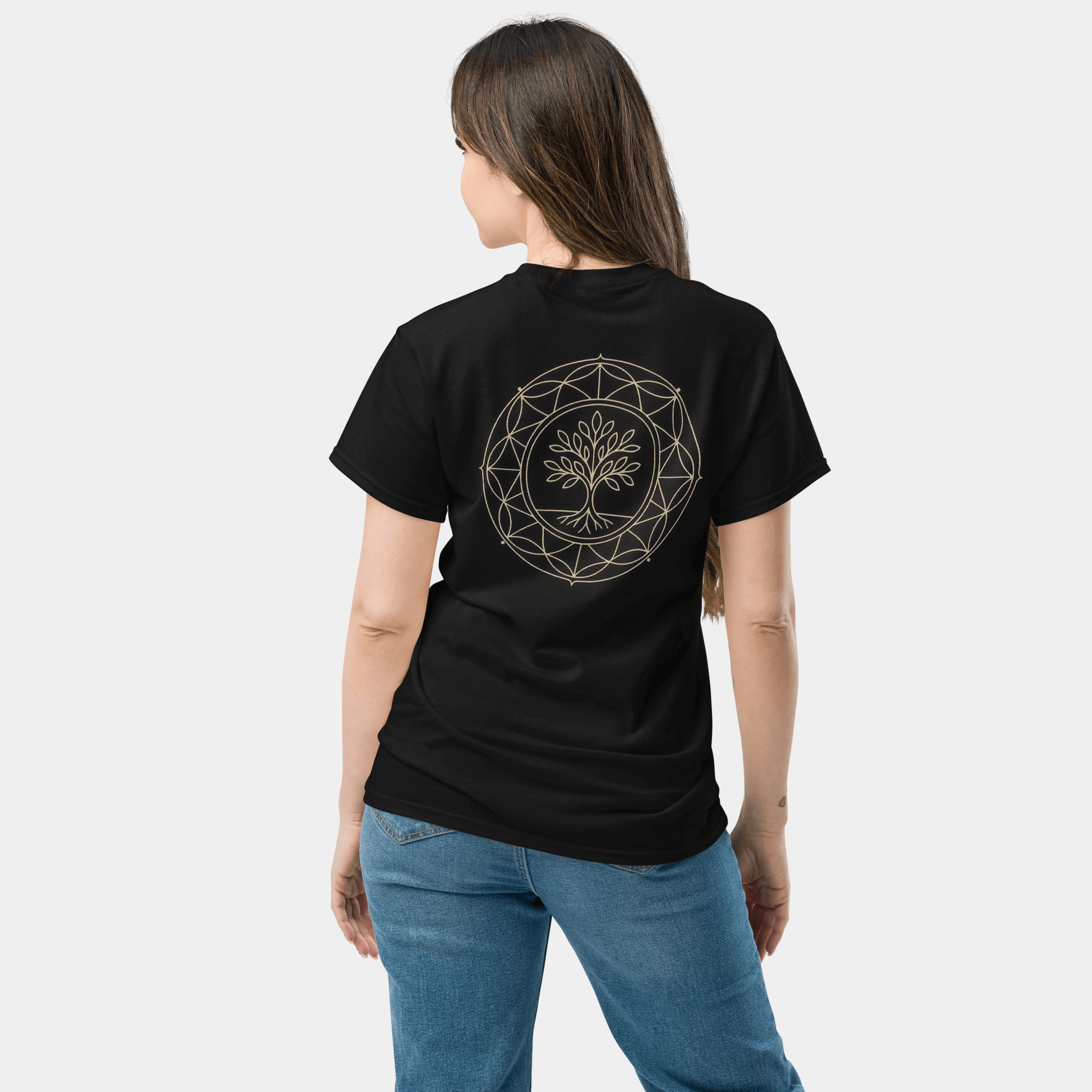 model wearing tree of life t-shirt (black) by creatpix