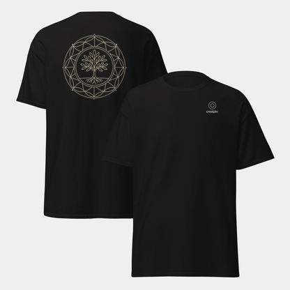 model wearing tree of life t-shirt (black) by creatpix