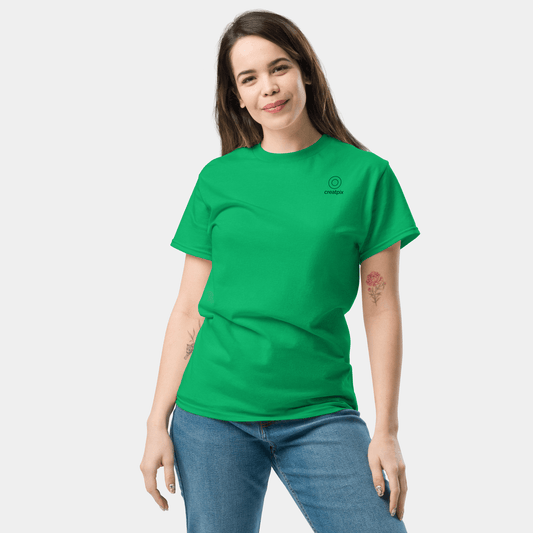 Front view of green Creatpix t-shirt with clean minimal chest.