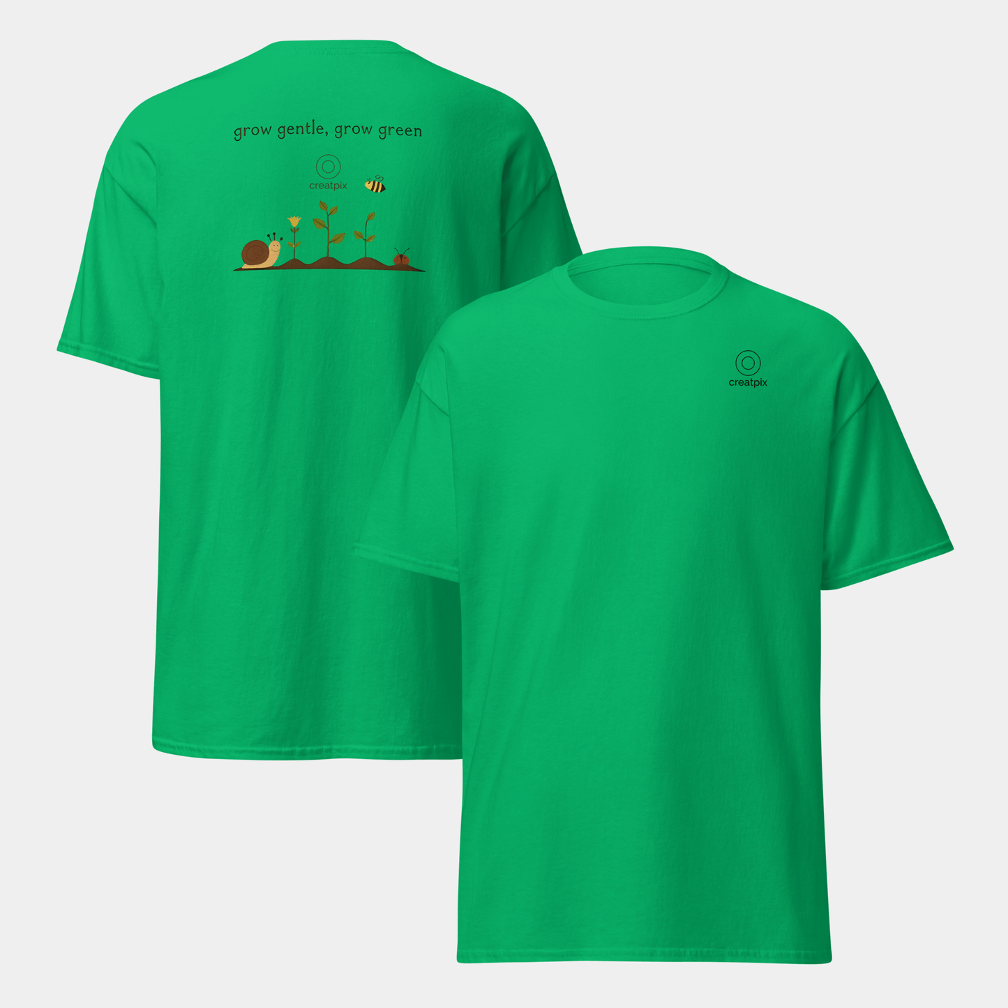 Green Creatpix tee showing minimal front and eco garden artwork on the back.