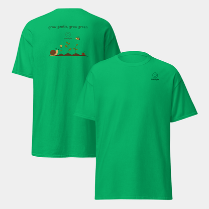 Green Creatpix tee showing minimal front and eco garden artwork on the back.