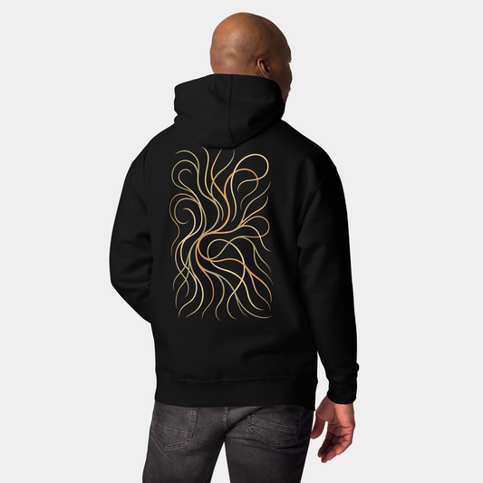 model wearing flowing line art gold hoodie (black) by creatpix