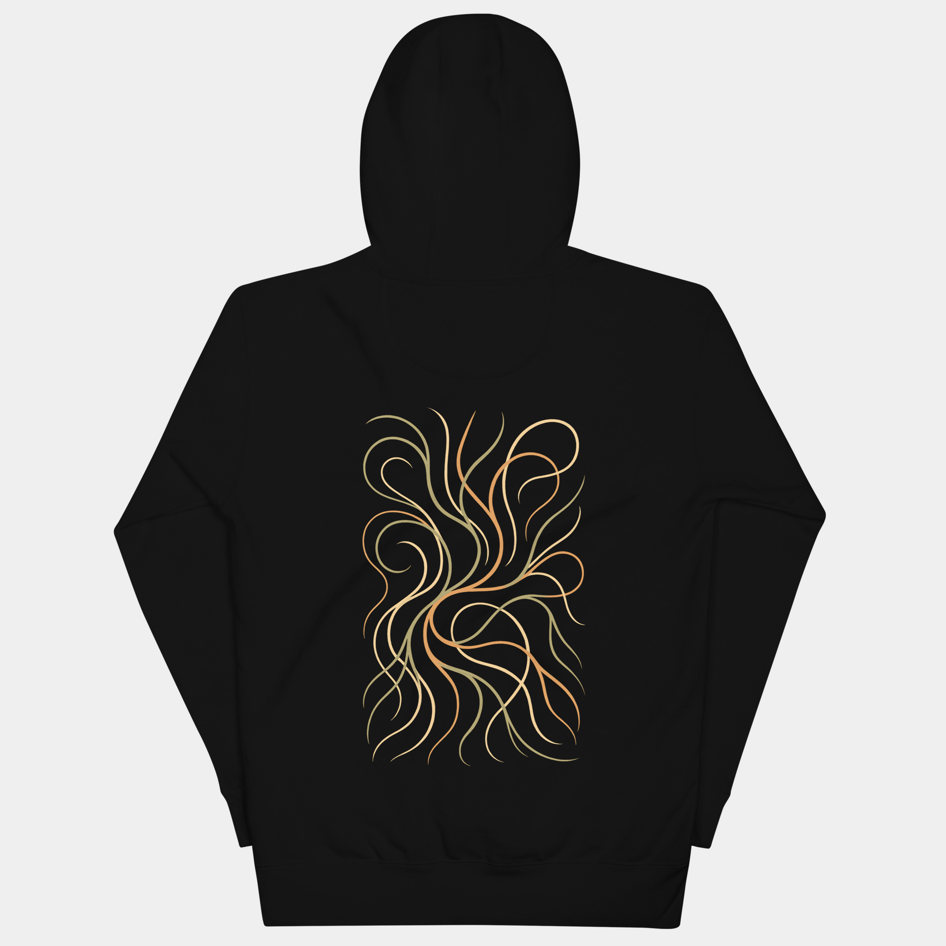model wearing flowing line art gold hoodie (black) by creatpix