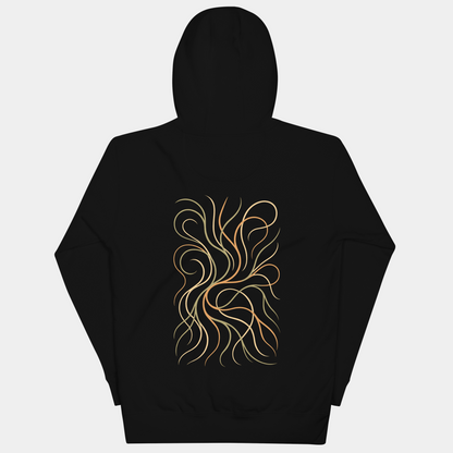 model wearing flowing line art gold hoodie (black) by creatpix
