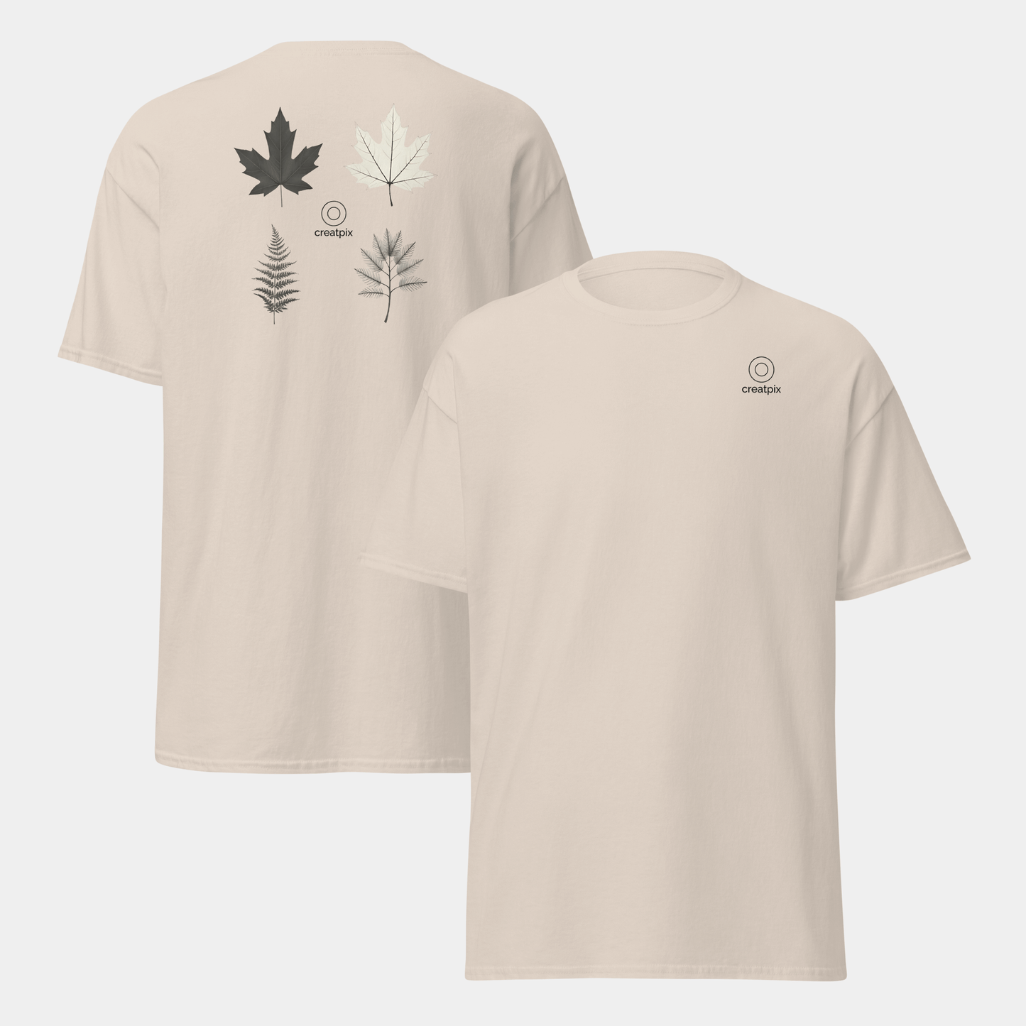 Beige Creatpix tee showing minimal front and botanical leaf study on the back.