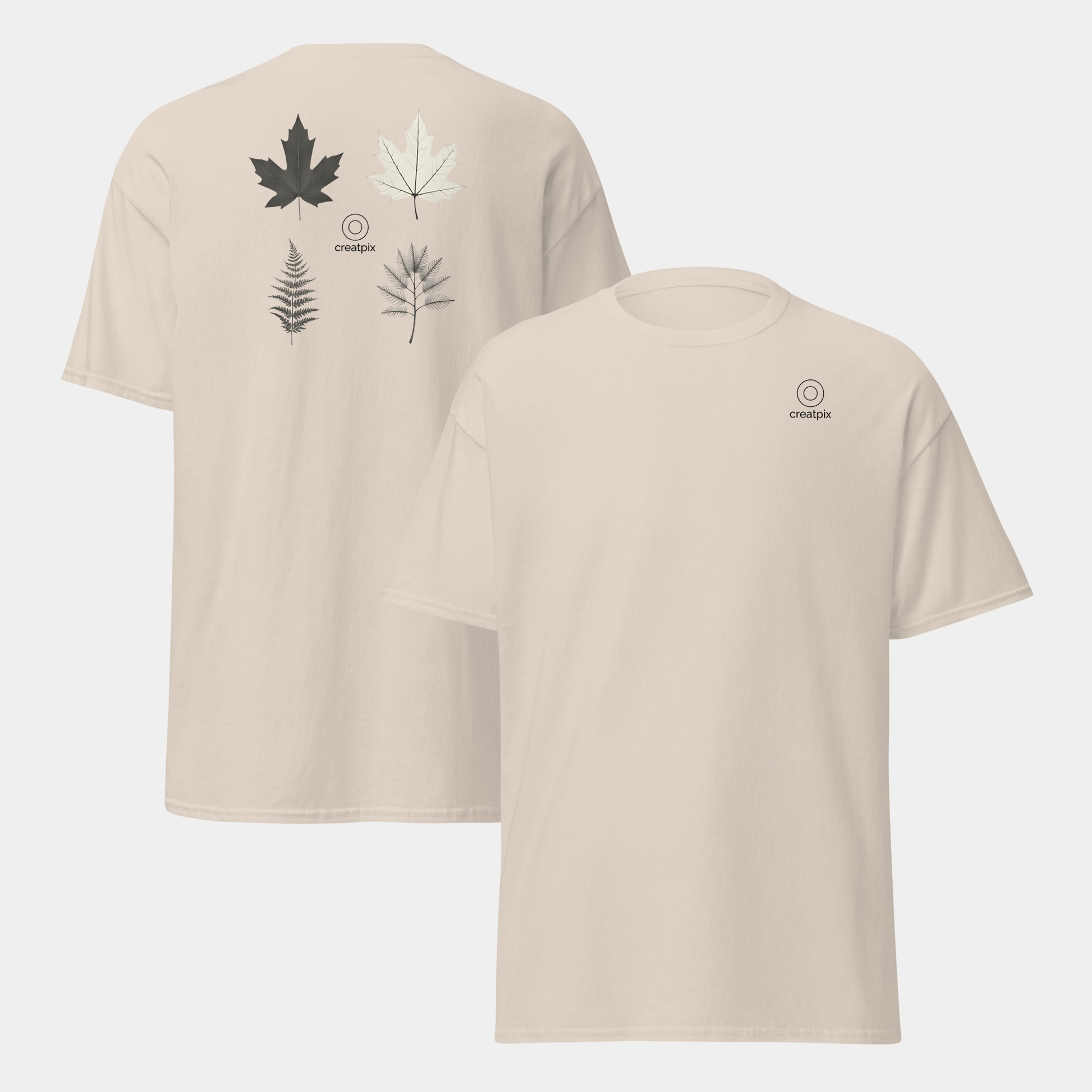 Beige Creatpix tee showing minimal front and botanical leaf study on the back.