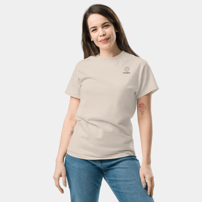 Front view of light beige Creatpix t-shirt with clean chest.