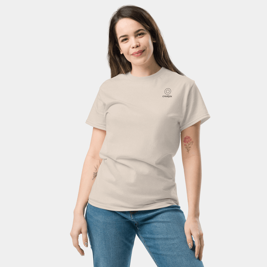Front view of light beige Creatpix t-shirt with clean chest.