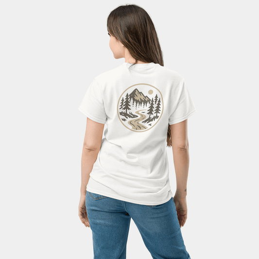 model wearing forest river t-shirt (white) by creatpix