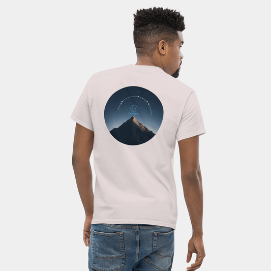 Back view of light Creatpix t-shirt with circular night mountain photo and small star arc.