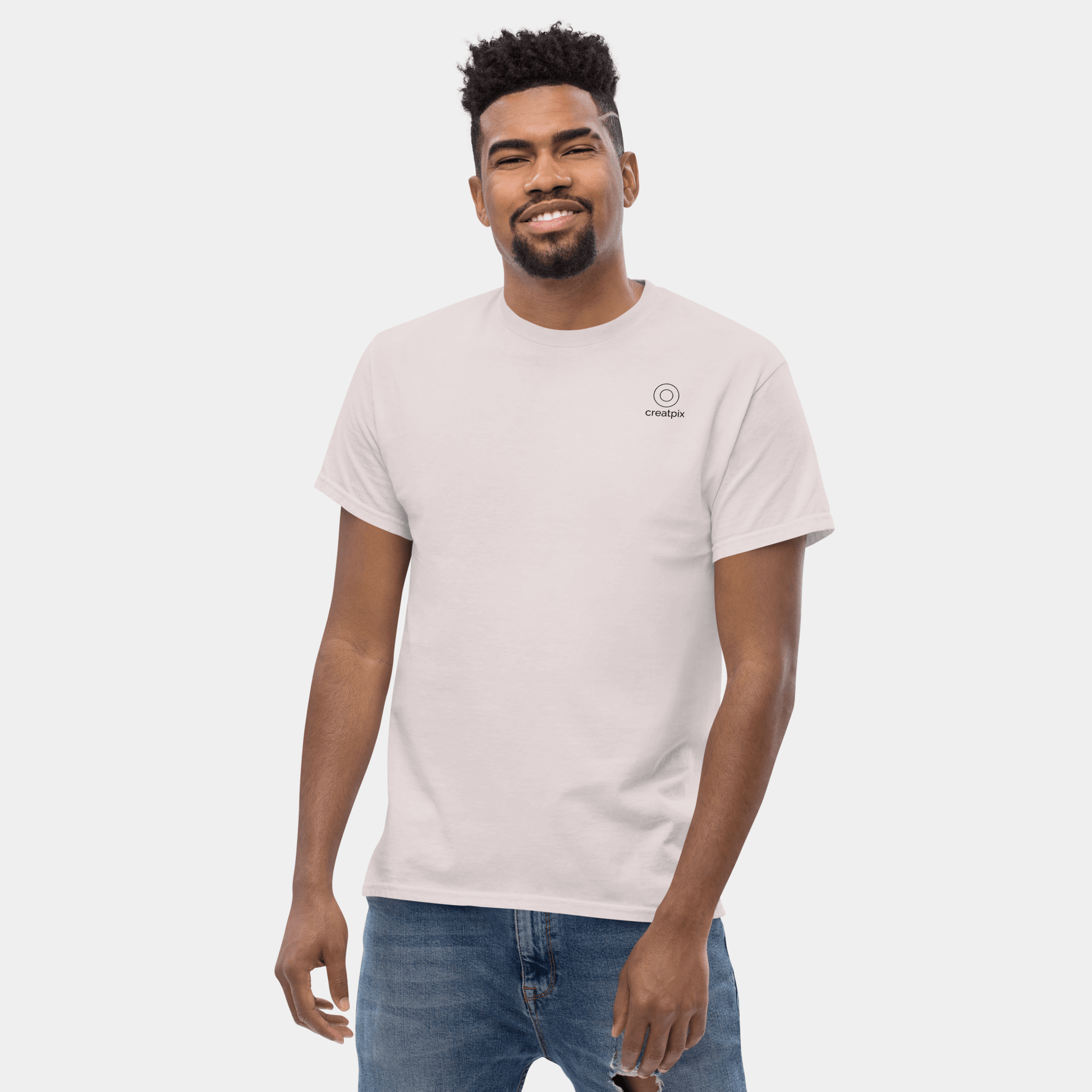 Front view of light Creatpix t-shirt with clean chest.