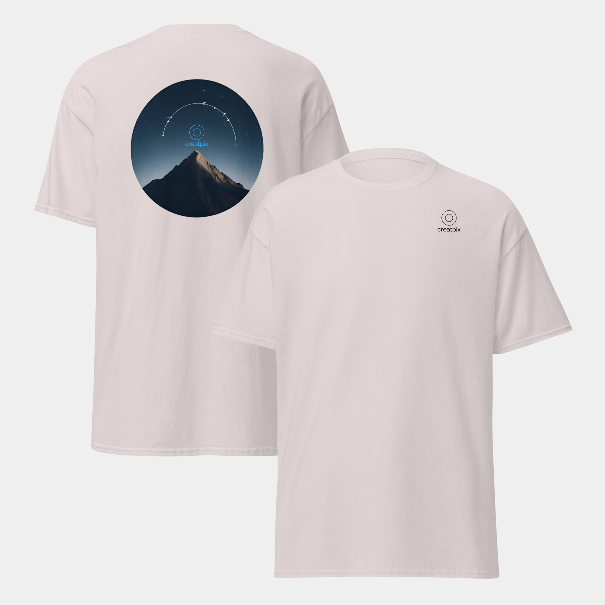 Light Creatpix tee showing plain front and circular night peak artwork on the back.