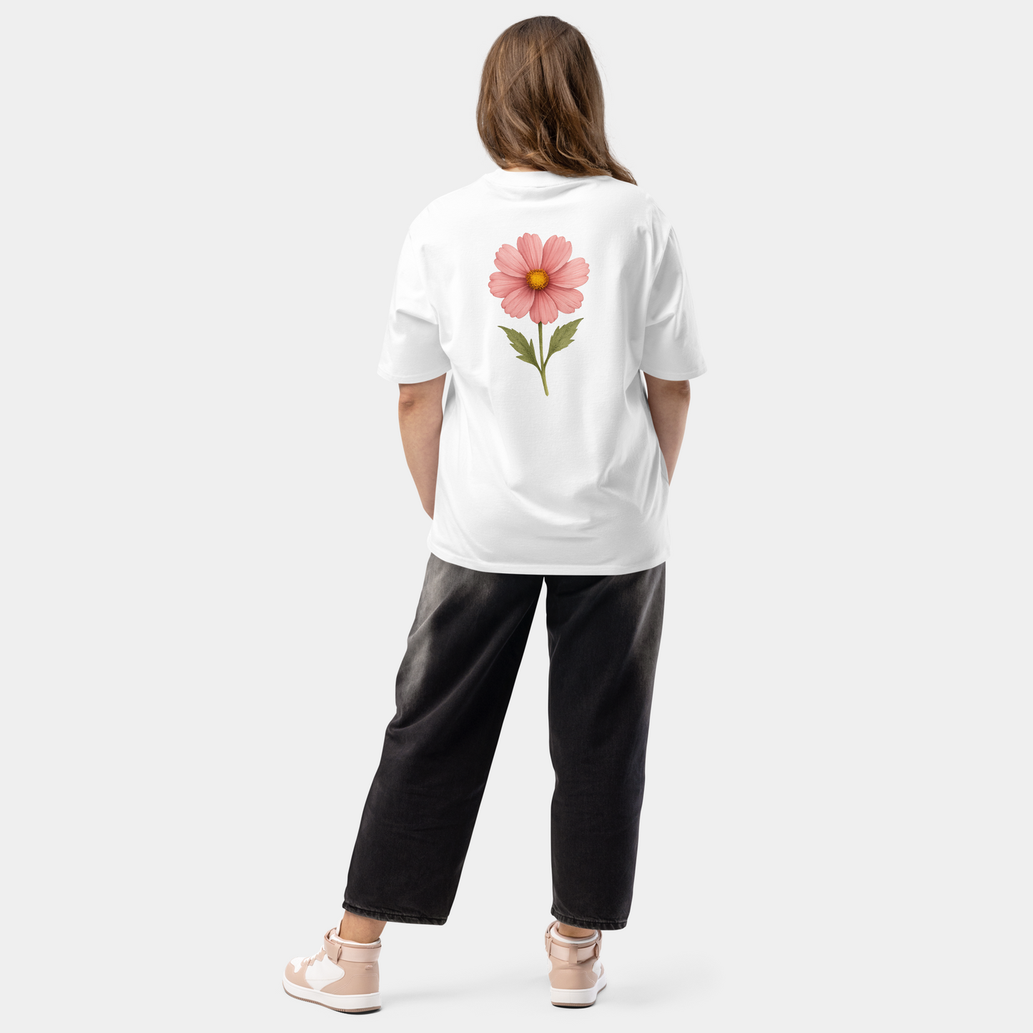 model wearing oversized blooming cosmos t-shirt (white) by creatpix