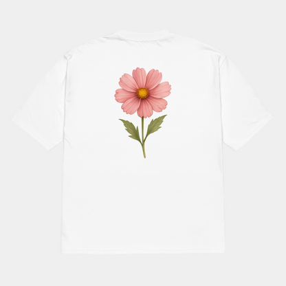 model wearing oversized blooming cosmos t-shirt (white) by creatpix