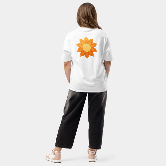 model wearing oversized sunrise blossom t-shirt (white) by creatpix