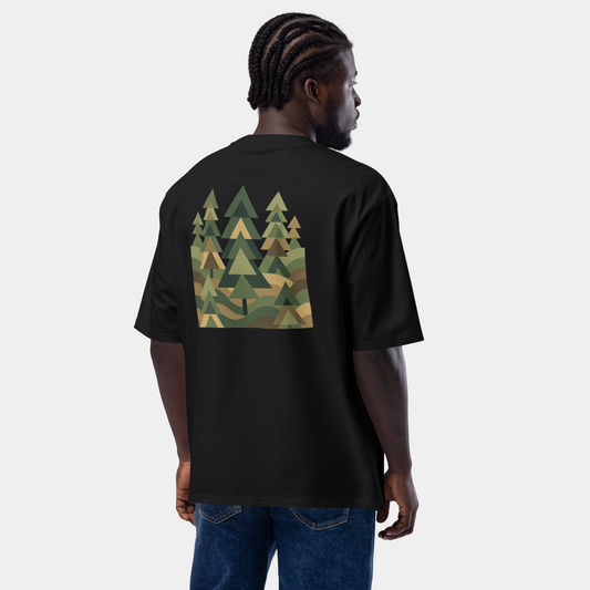 model wearing oversized geometric forest t-shirt (black) by creatpix