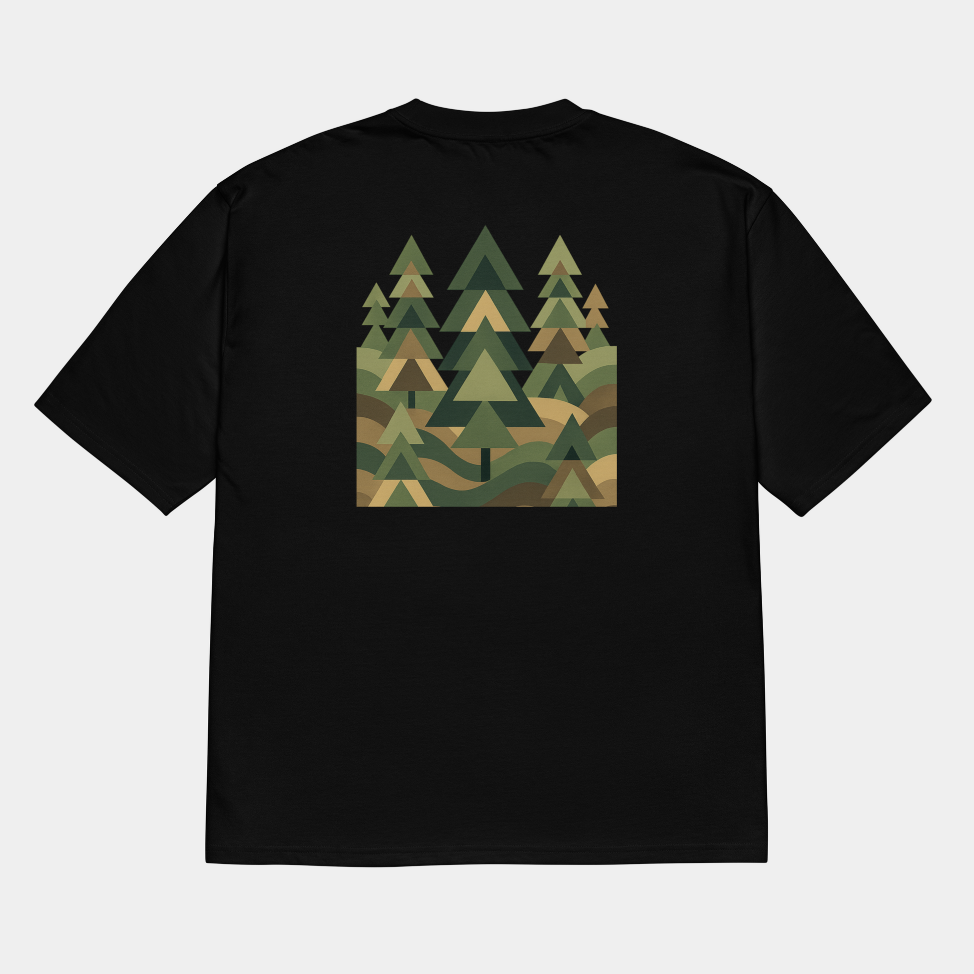 model wearing oversized geometric forest t-shirt (black) by creatpix