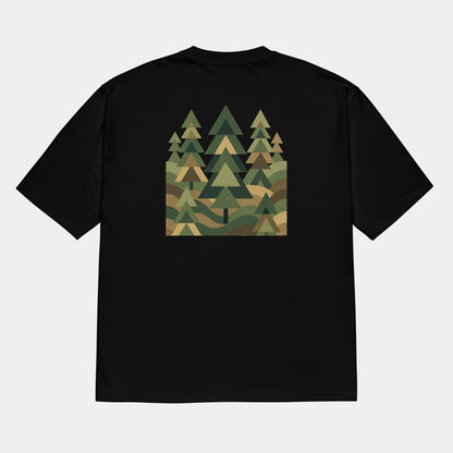 model wearing oversized geometric forest t-shirt (black) by creatpix