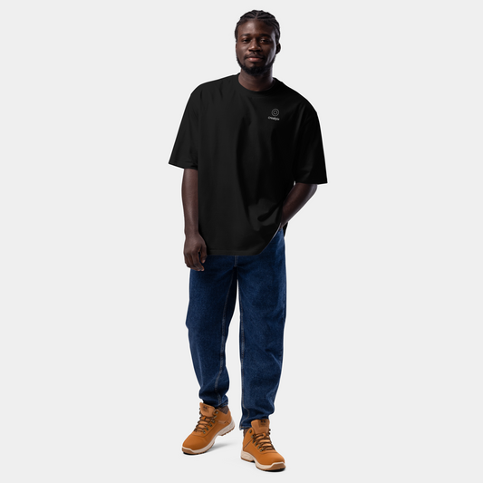 model wearing oversized geometric forest t-shirt (black) by creatpix