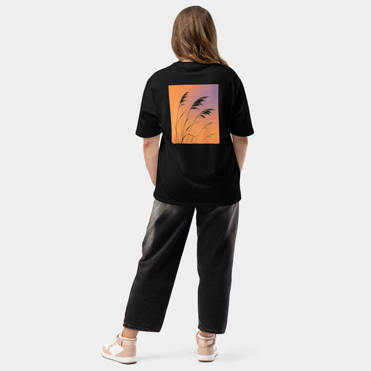 model wearing oversized gradient grass silhouette t-shirt (black) by creatpix