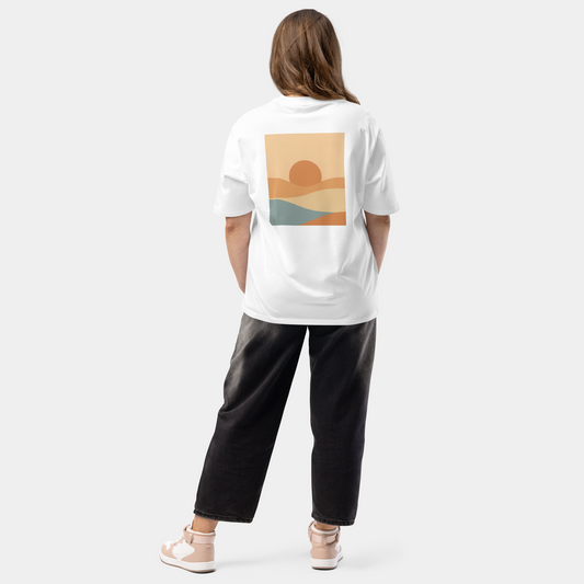 model wearing oversized minimalist sunset landscape t-shirt (white) by creatpix