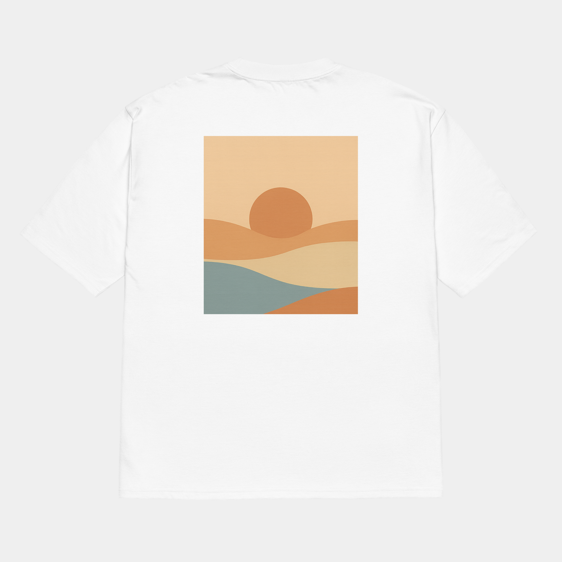 model wearing oversized minimalist sunset landscape t-shirt (white) by creatpix