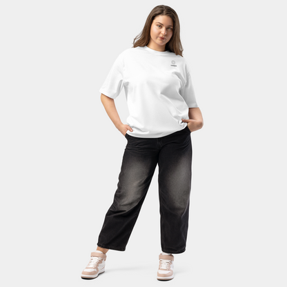 model wearing oversized minimalist sunset landscape t-shirt (white) by creatpix