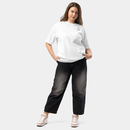 model wearing oversized minimalist sunset landscape t-shirt (white) by creatpix