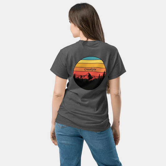 Back view of charcoal Creatpix t-shirt with retro circular sunset stripes and mountain scene.