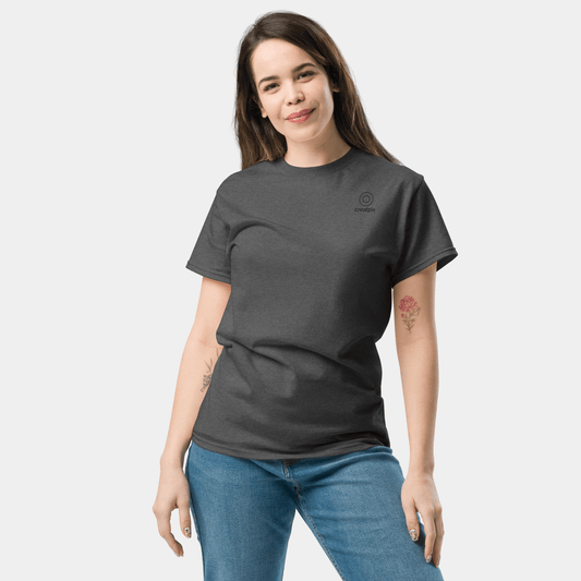 Front view of charcoal Creatpix t-shirt with clean chest.