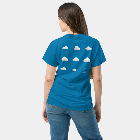 Back view of blue Creatpix t-shirt with a neat grid of soft white cloud icons.