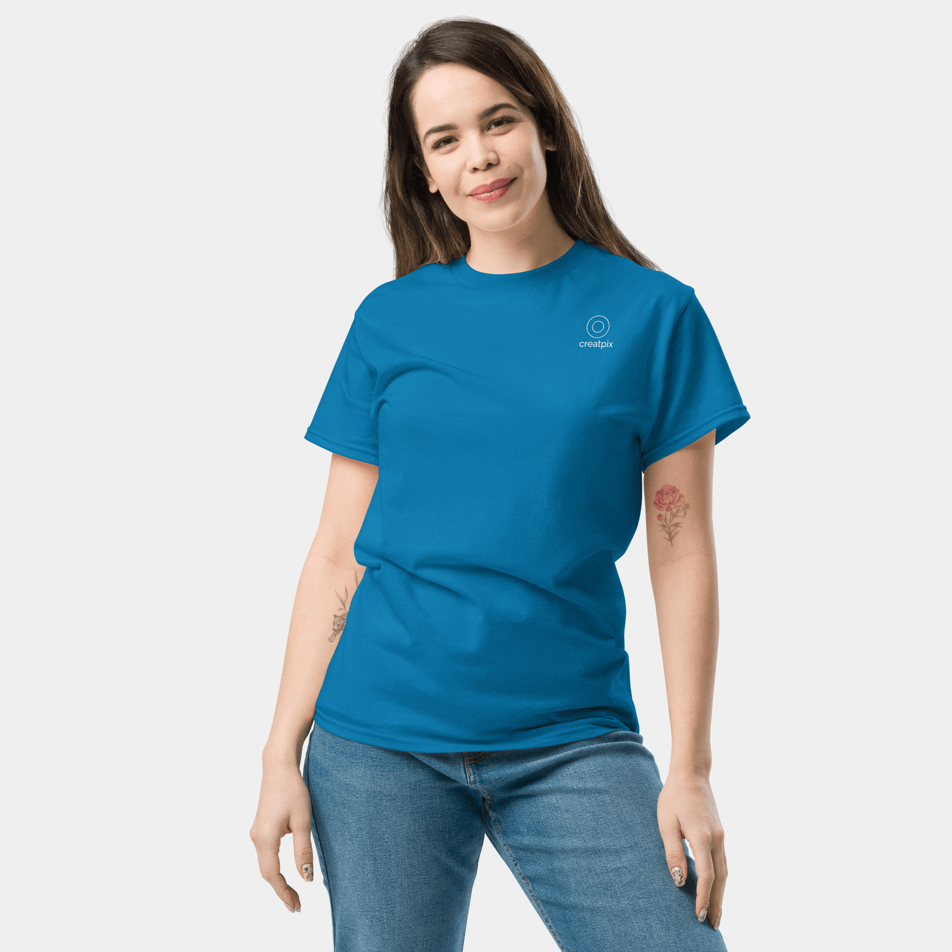 Front view of blue Creatpix t-shirt with clean minimal chest.