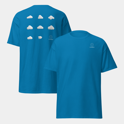 Blue Creatpix tee showing minimal front and cloud grid artwork on the back.