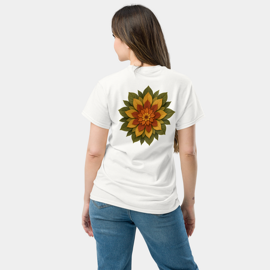model wearing sunburst bloom t-shirt (white) by creatpix