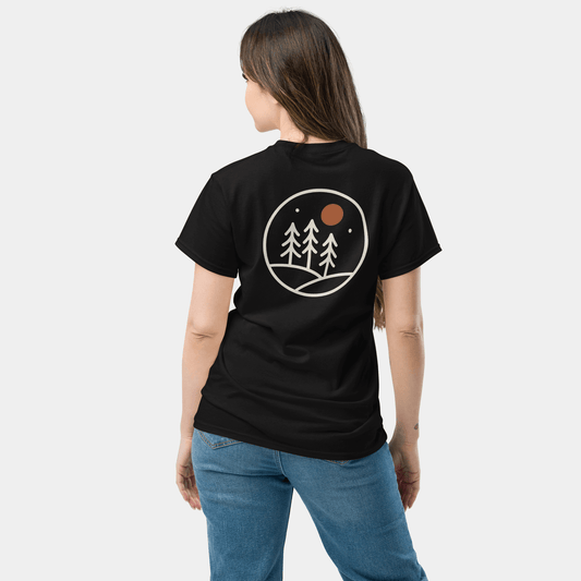model wearing pine sunset t-shirt (black) by creatpix
