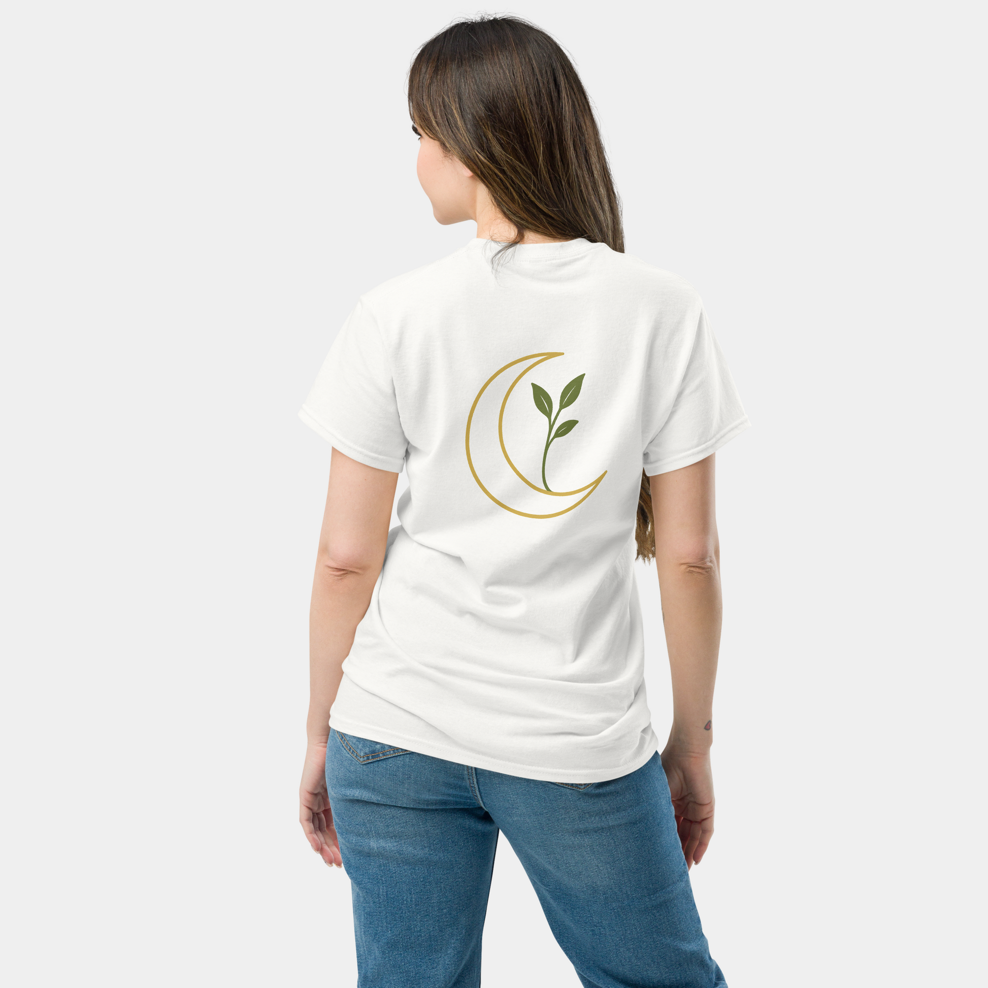 model wearing crescent moon and sprout t-shirt (white) by creatpix
