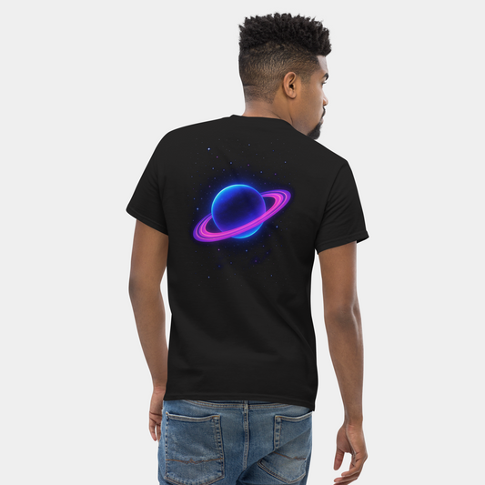 model wearing neon galaxy planet t-shirt (black) by creatpix
