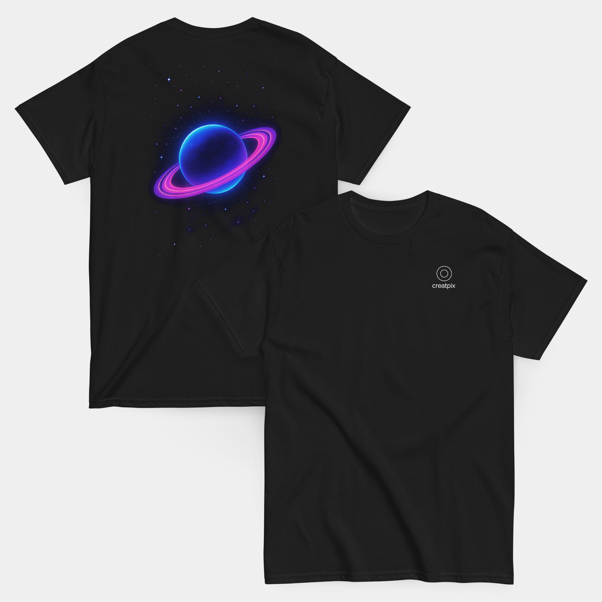 model wearing neon galaxy planet t-shirt (black) by creatpix