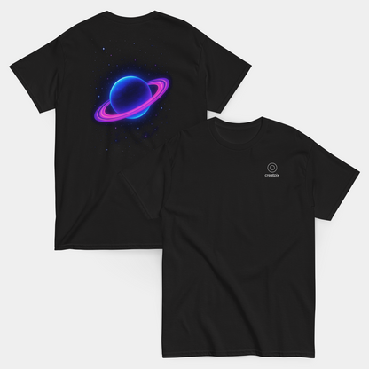 model wearing neon galaxy planet t-shirt (black) by creatpix
