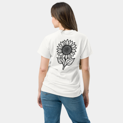 model wearing sketched sunflower t-shirt (white) by creatpix