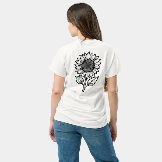 model wearing sketched sunflower t-shirt (white) by creatpix